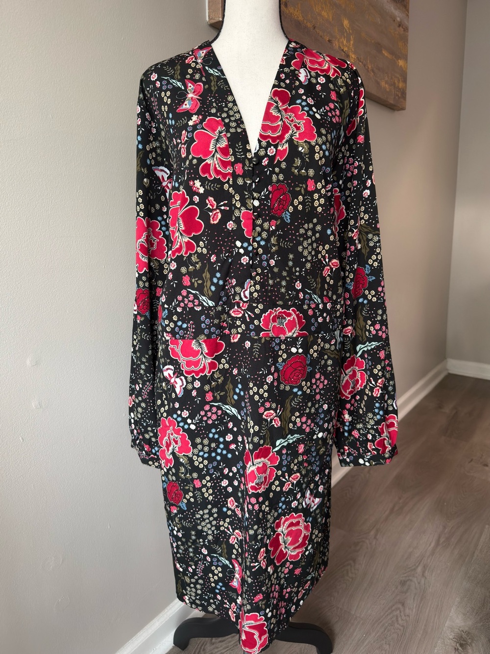 Junarose Plus Size 22 Black Red Floral Long Sleeve Fall Dress
